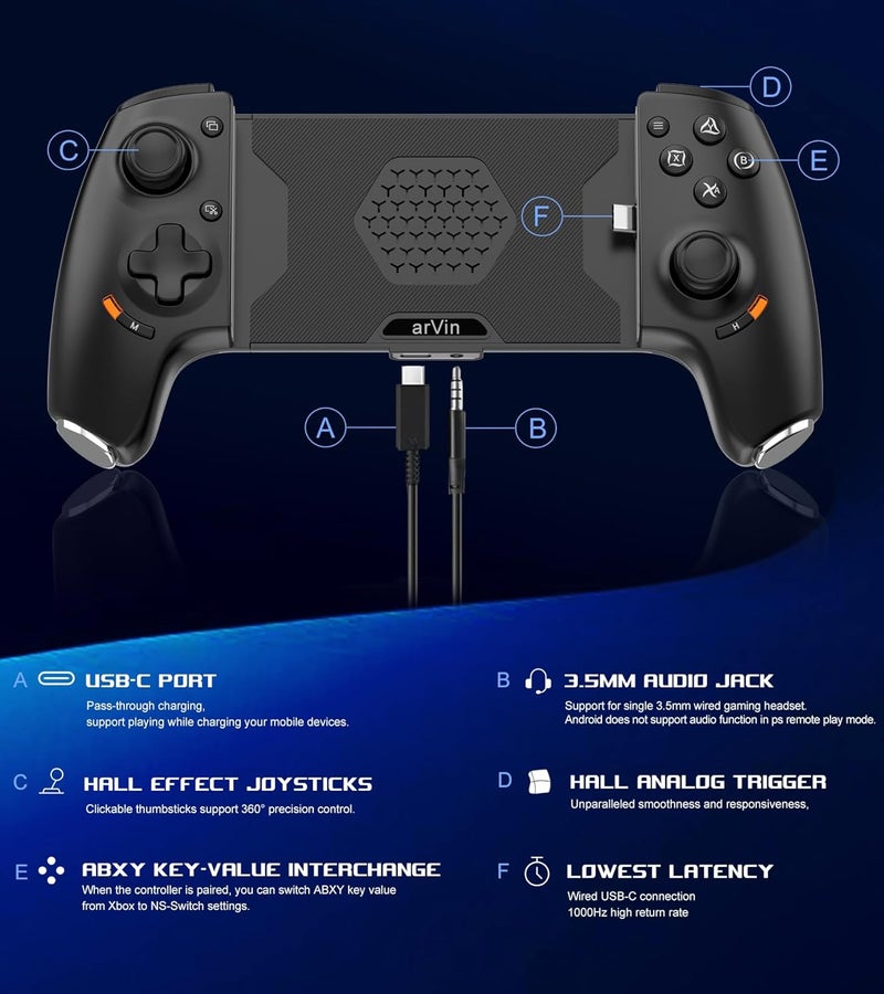 arVin Mobile Gaming Controller for Android and iPhone 17/16/15 Series (USB-C) PS Remote Player Gamepad for PS5/PS4/Xbox/PC with Hall Joysticks/Hall Trigger/3.5mm Audio Jack/Cloud Gaming Controller, Plug & Play - Image 2